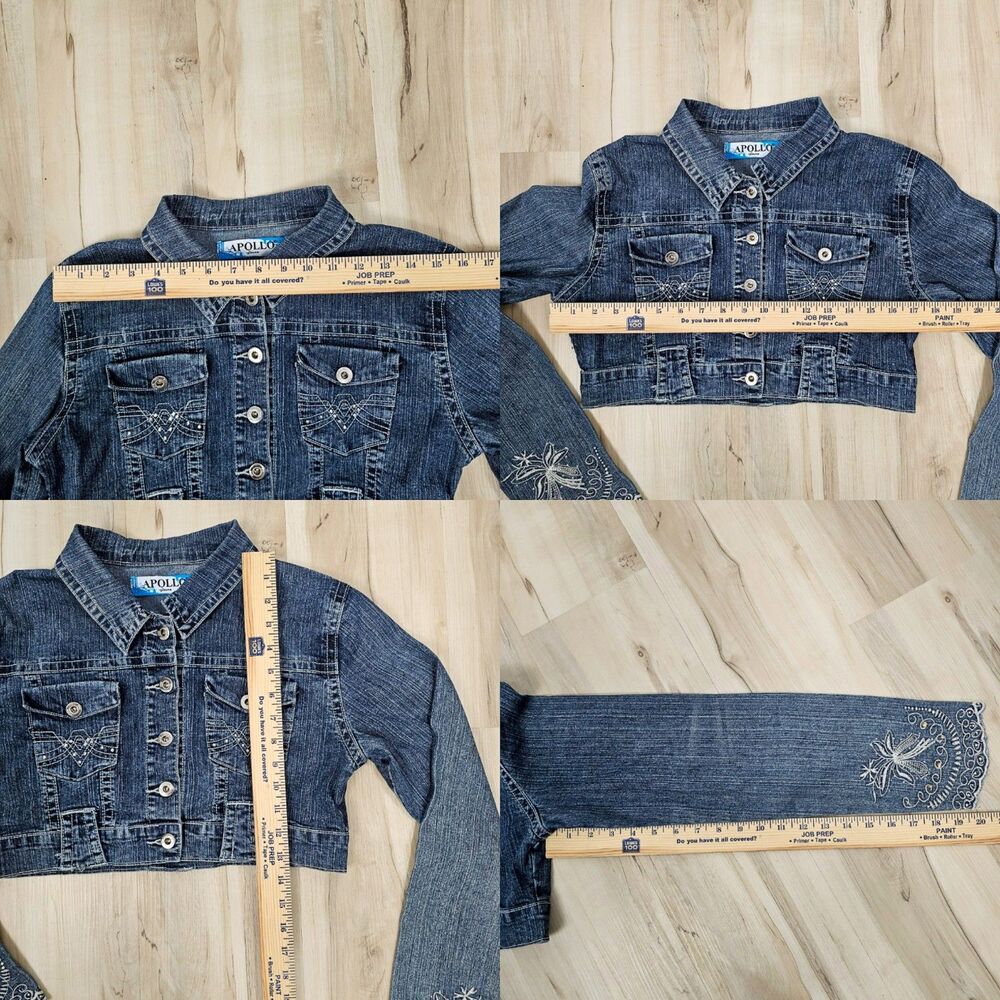 Vintage Apollo Denim Cropped Jacket Size M Y2K Embroidered Boho Blue Jean Shrug - Picture 7 of 8